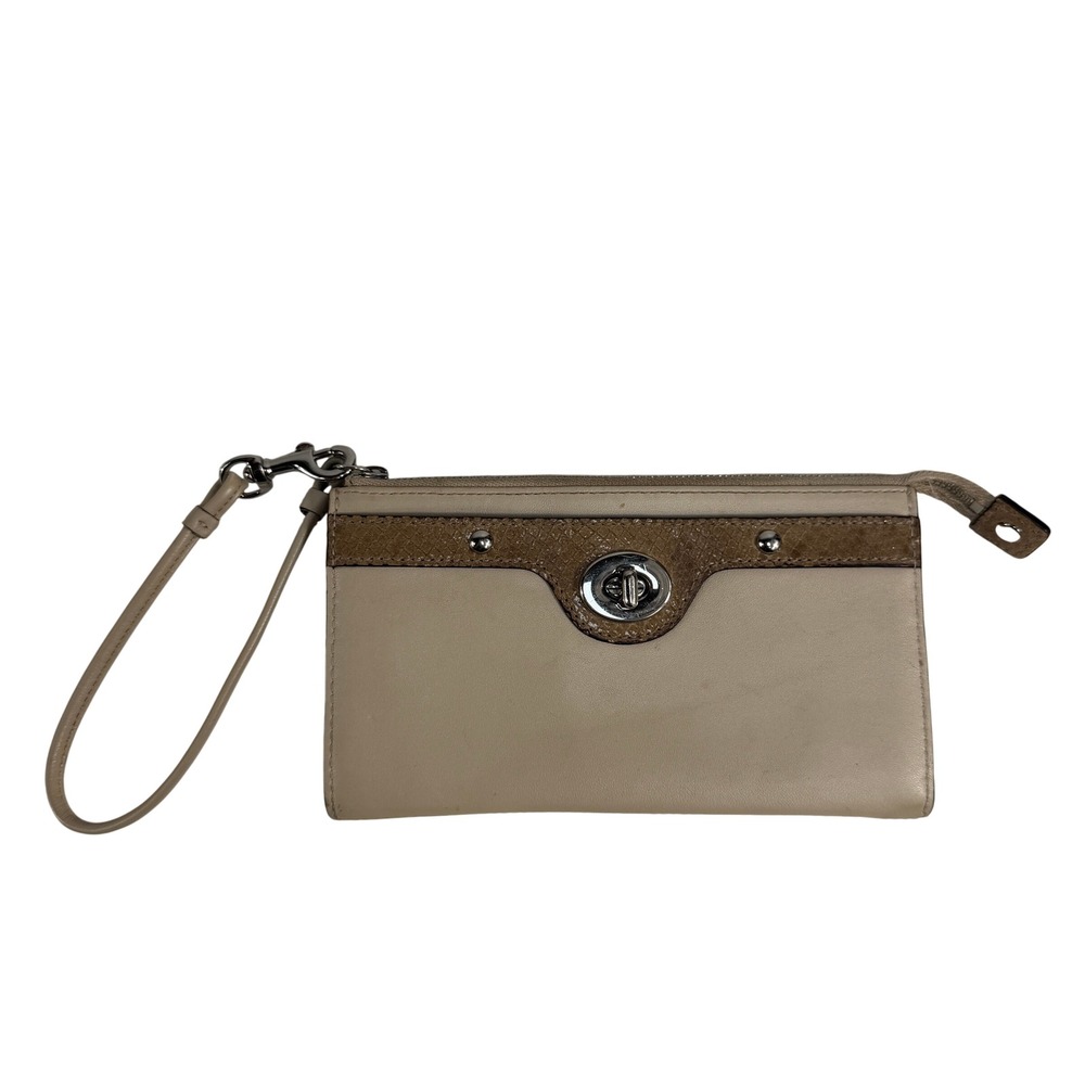 Coach Wristlet Wallet Turnlock Snakeskin Trim‎ Leather Beige ID Pockets NO FOB